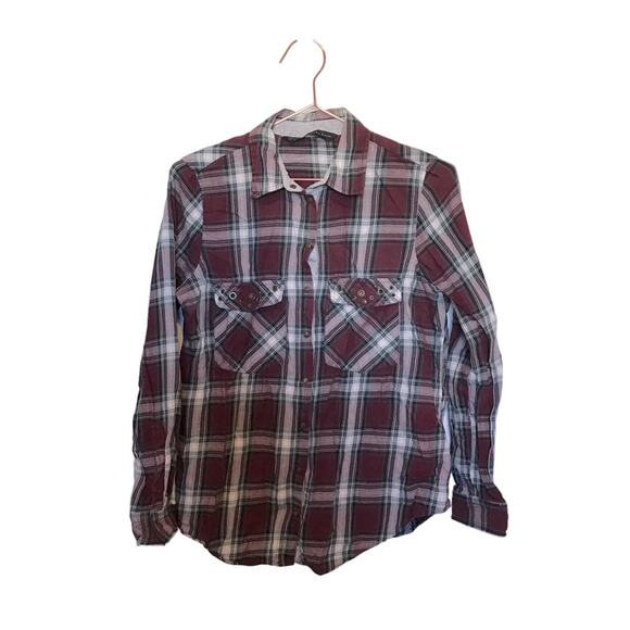 ZARA Basic Embellished Plaid Top - Burgundy - Size Medium - Picture 1 of 6